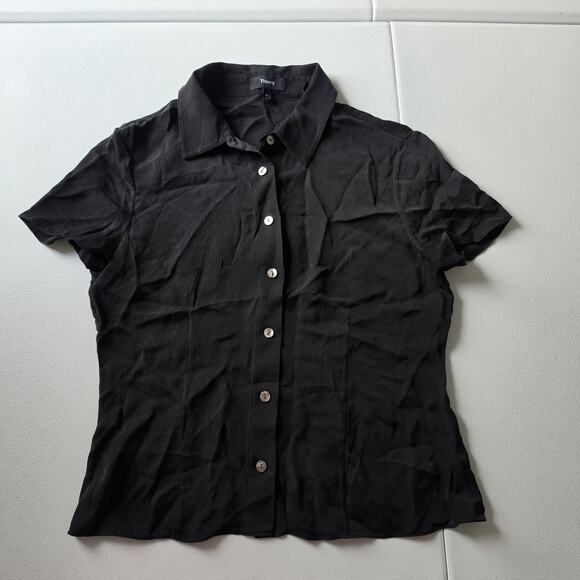 Theory Tops - Theory Button Up Shirt Silk Womens Small Black Collared Short Sleeve Office Y2K